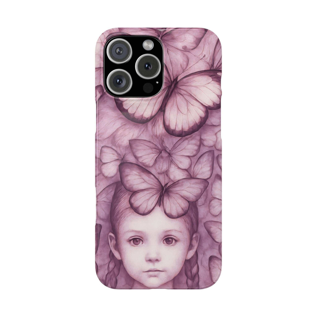 Purple butterfly and young girl face phone case, showing large camera opening on back.