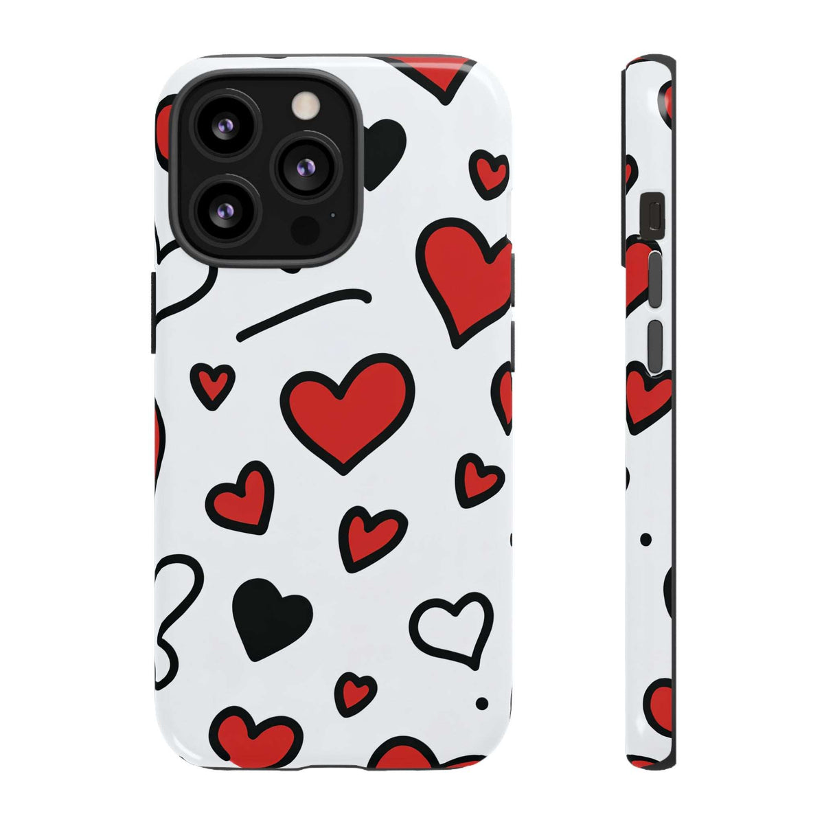 White phone case covered in red and black hearts, with camera lens openings.