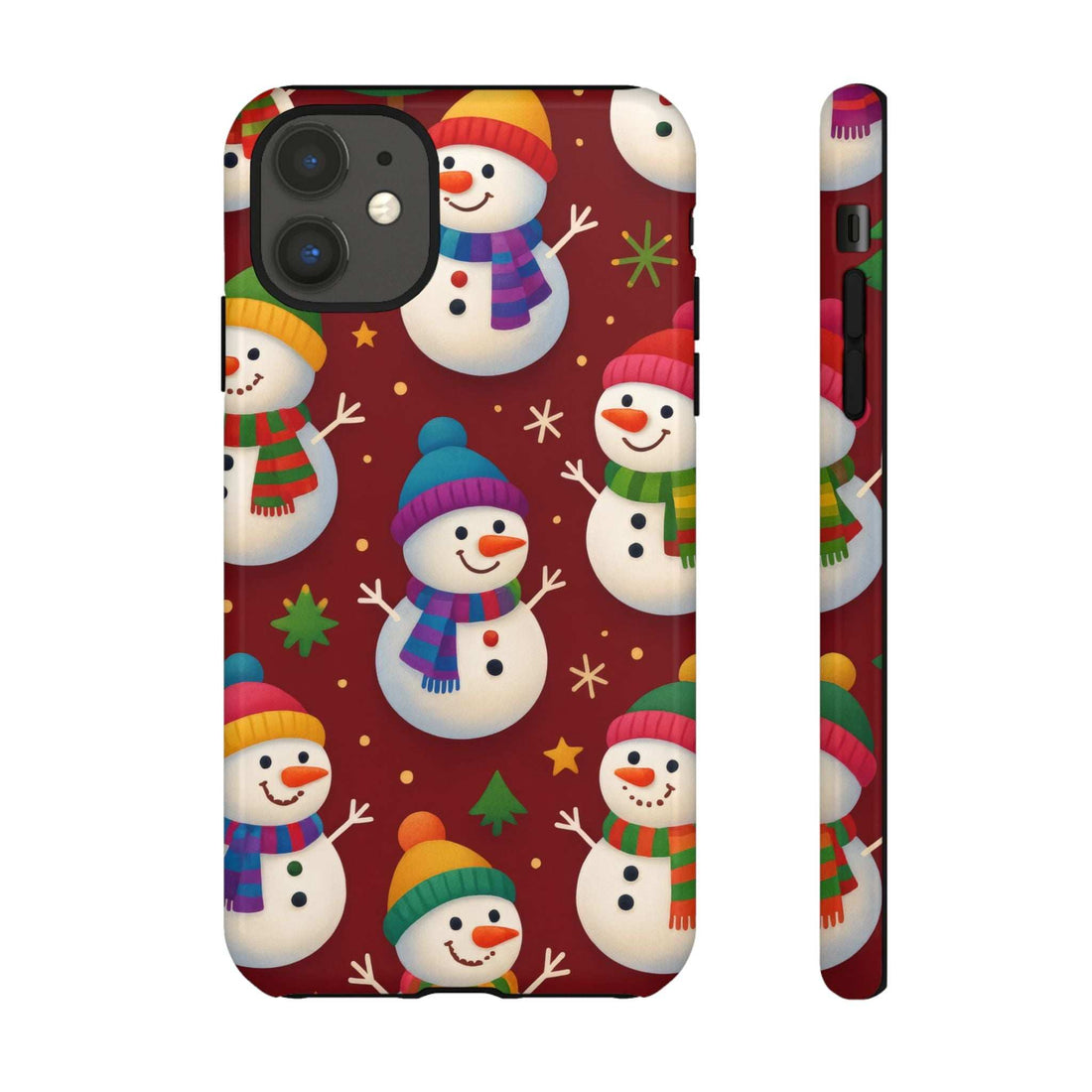 Glossy phone case with festive snowmen pattern, visible rear camera module cutouts