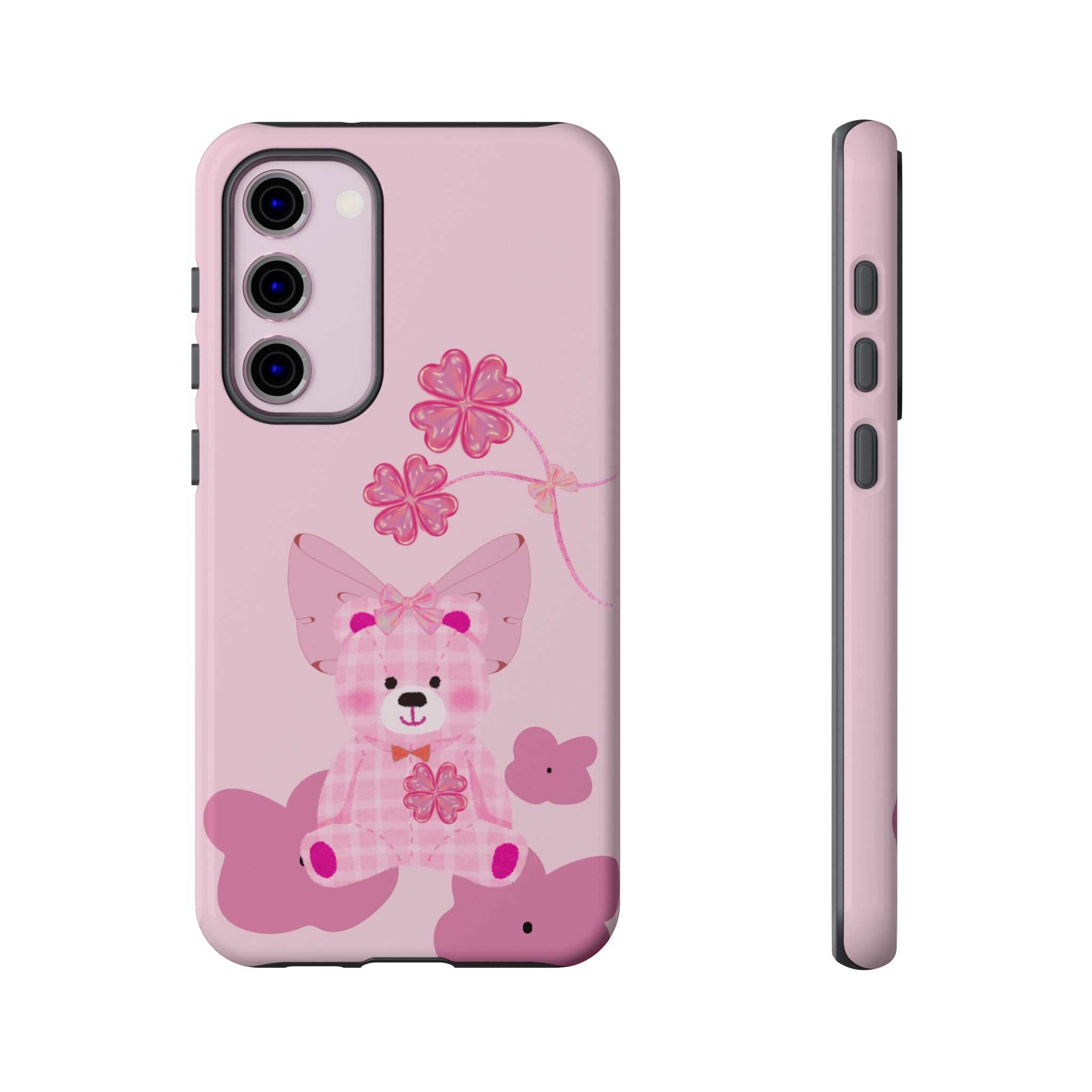 Pink teddy bear phone case with floral bow; back view with camera cutouts.