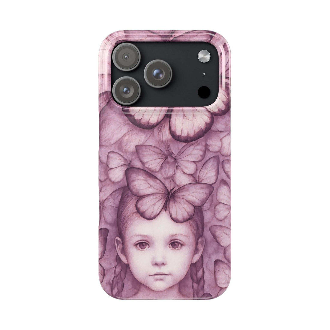 Purple butterfly girl phone case back view with camera and flash cutouts