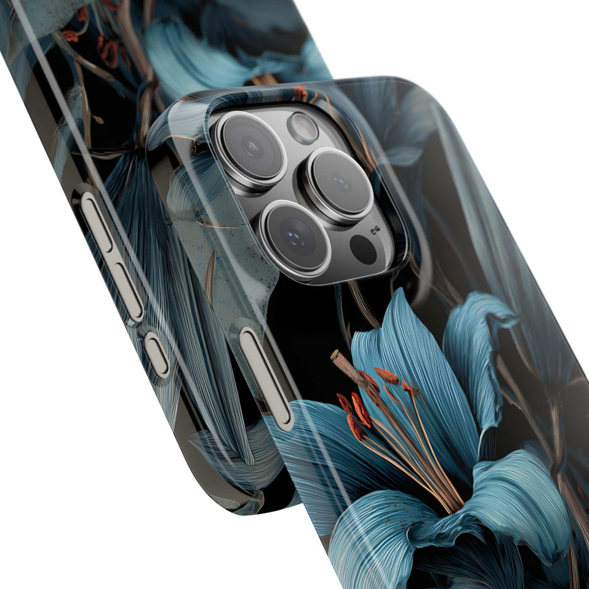 Phone case detail view of blue floral design with camera bump cutouts