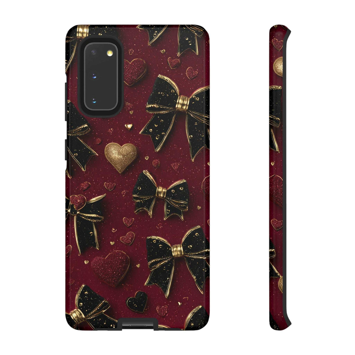 Burgundy glossy phone case with gold bows and heart pattern, shown with side profile
