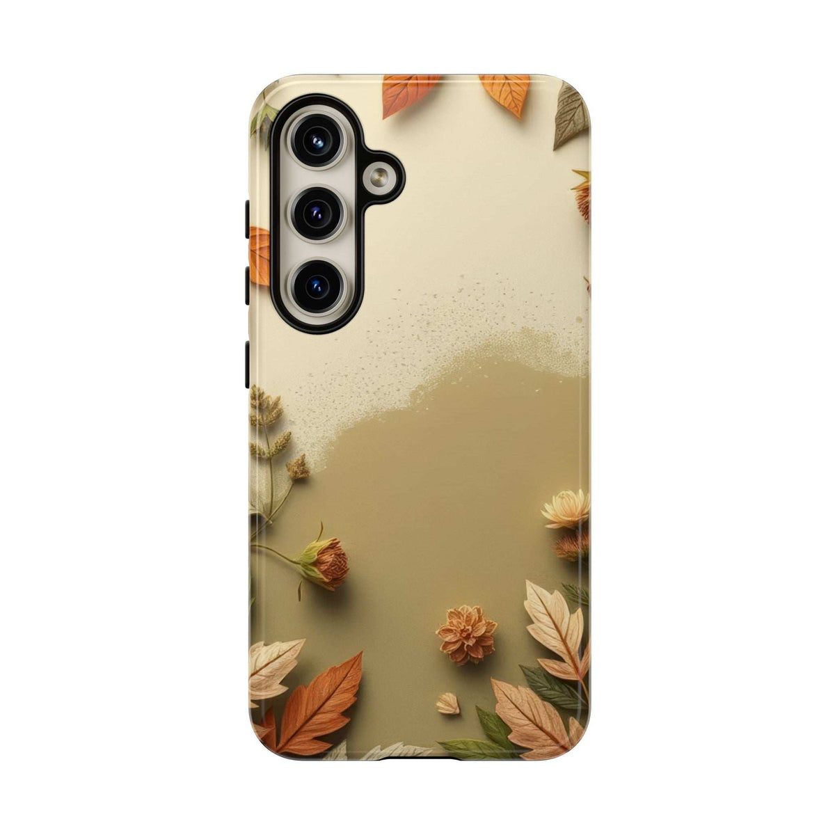 Phone case with beige autumn leaves and flowers, back view showing triple camera cutouts