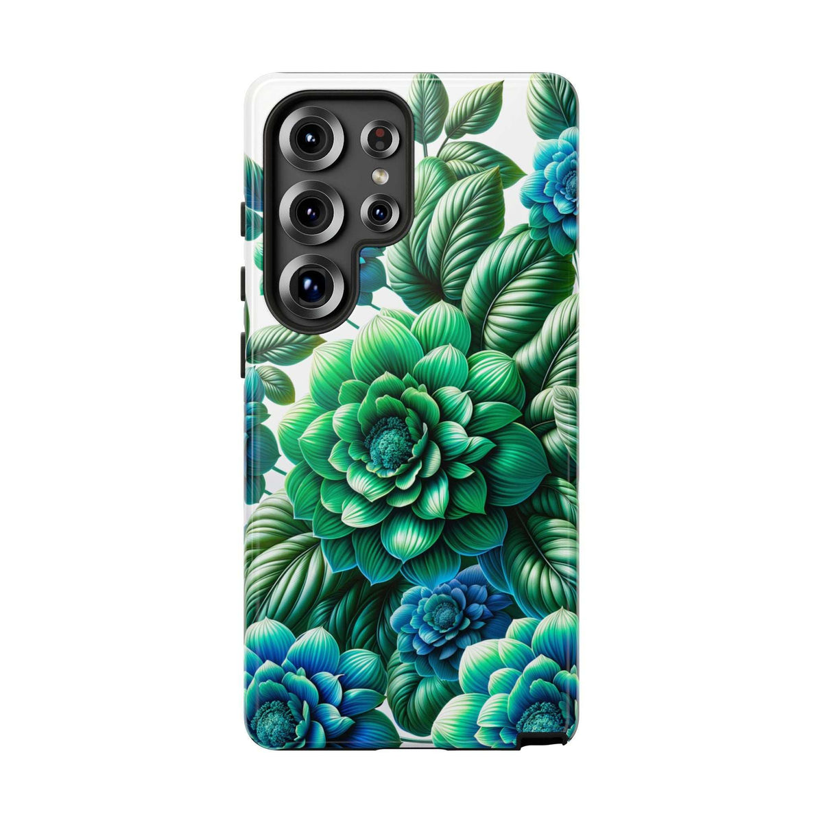 Green and blue floral phone case with peony flowers, visible camera cutouts and side opening