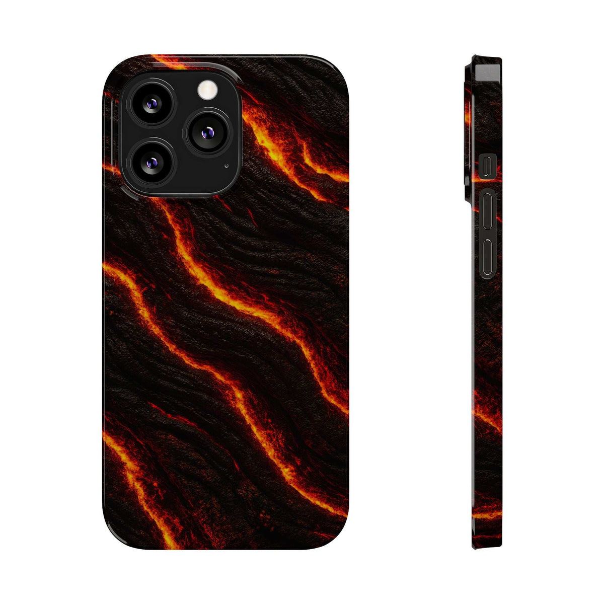 Black phone case featuring orange lava-like streaks; camera cutouts and side profile
