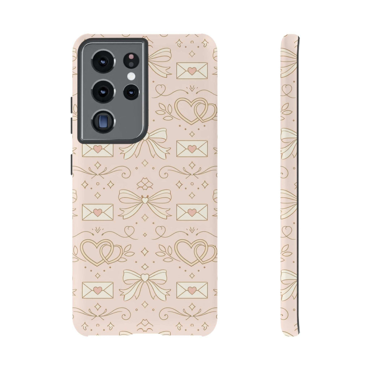 Pink tough phone case with gold heart and bow pattern, straight-on front and side view