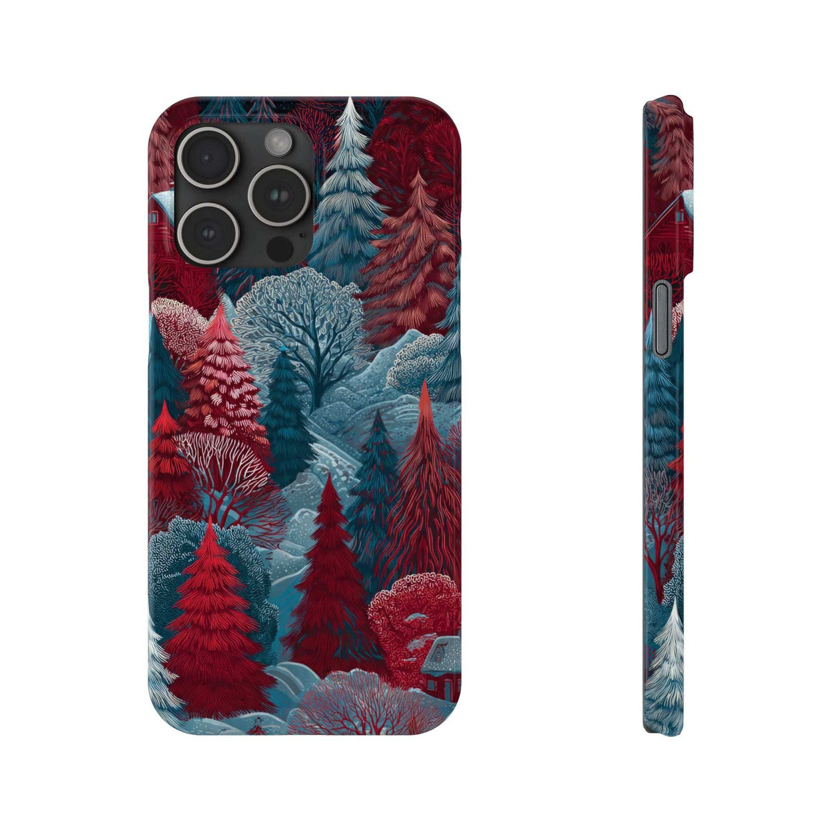 Phone case back and side with red, blue, and teal forest pattern; button cutouts