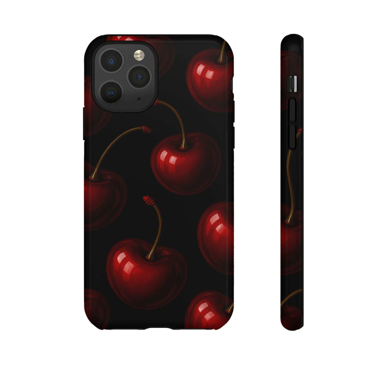 Cherry phone case front-back view detail: glossy dark design with red cherry artwork