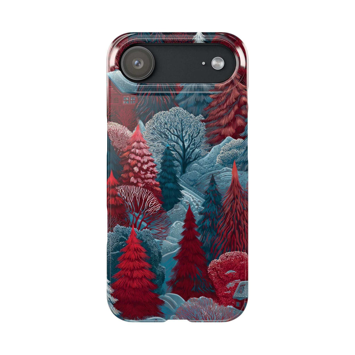 Winter forest phone case showing red evergreens and icy blue hills with camera openings