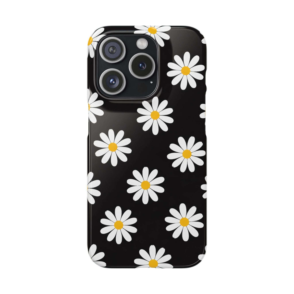Daisy charm phone case with dark base, scattered white daisies and yellow centers; camera