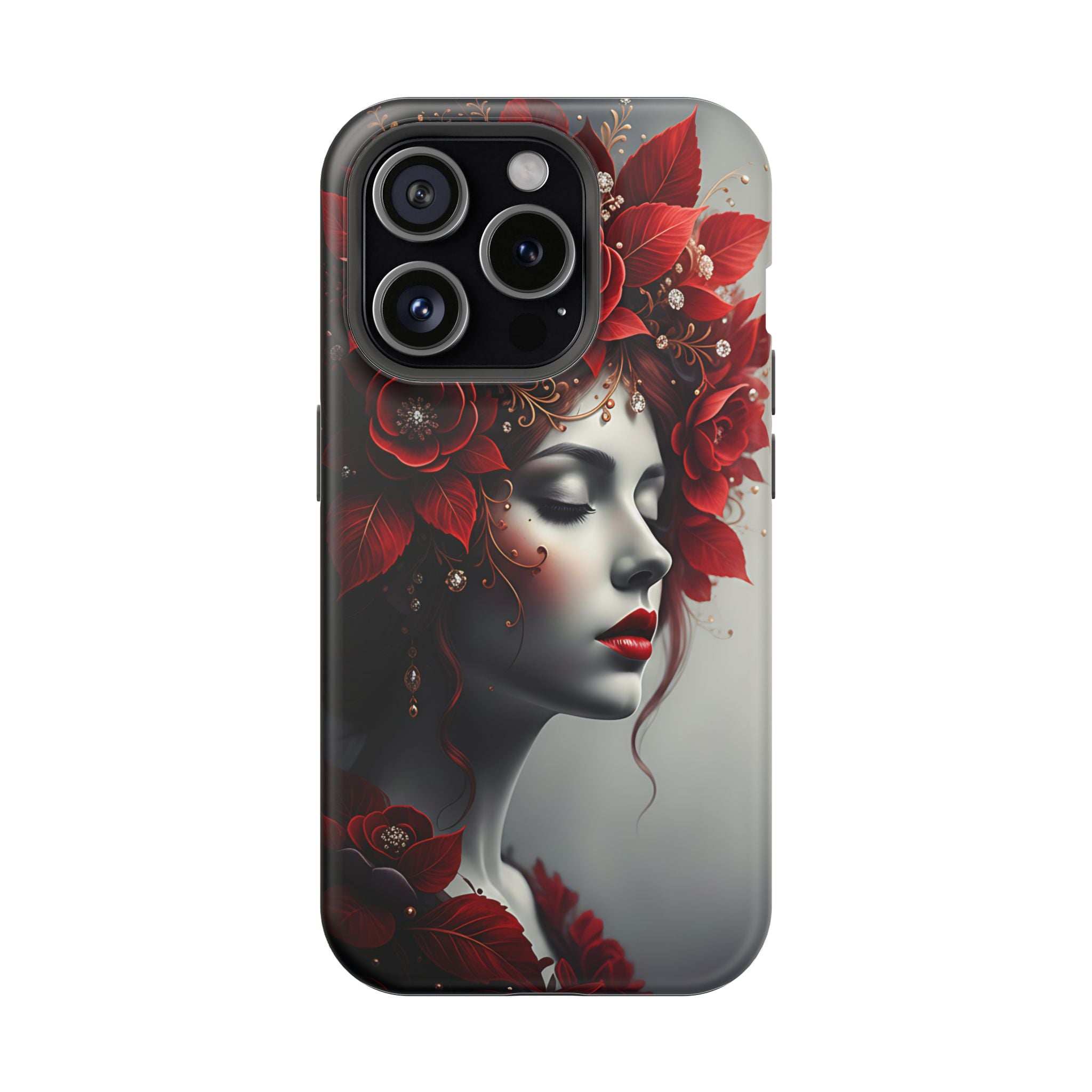 Portrait phone case for iPhone 13-17 with red roses, woman face, and black camera cutouts