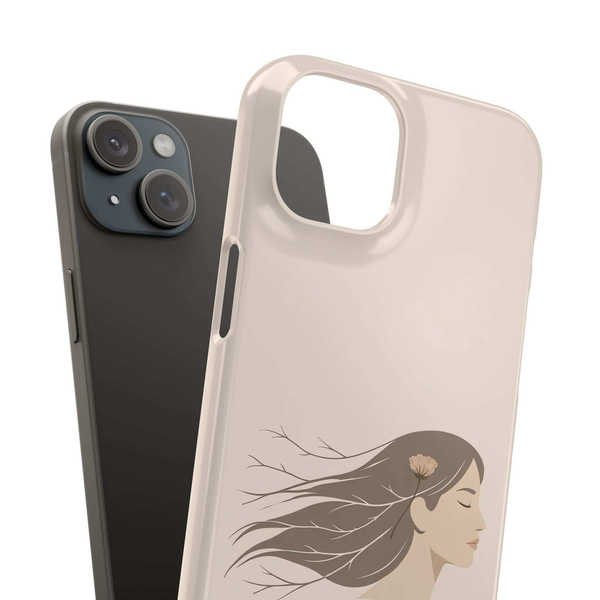 Pair of phone cases: light tan and dark, each with woman line-art and camera cutouts