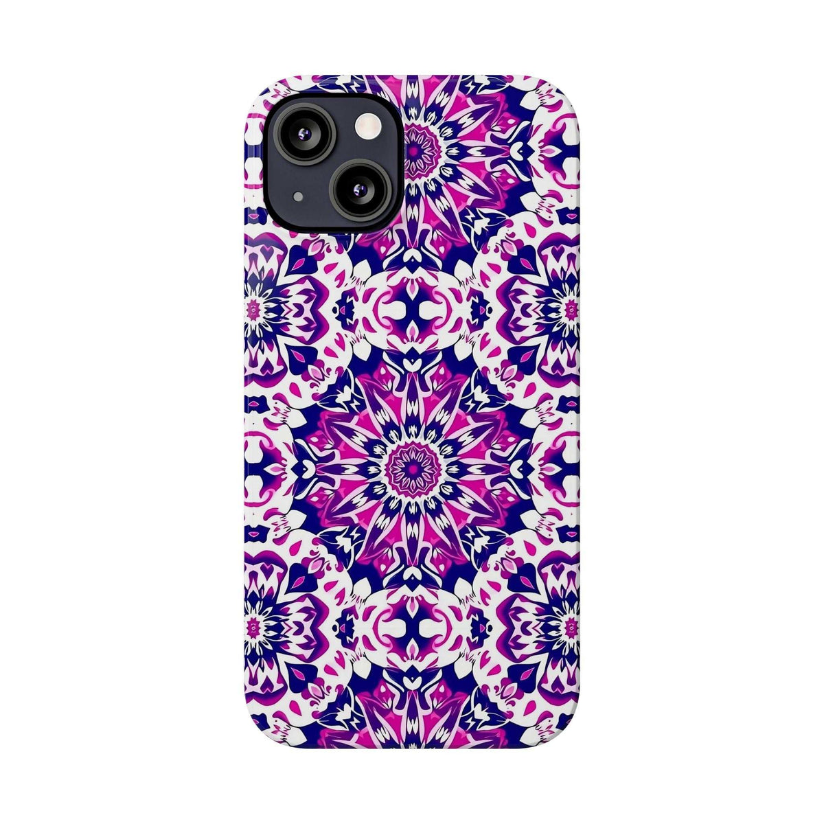 Phone case with detailed purple, pink, and white mandala pattern and black camera area