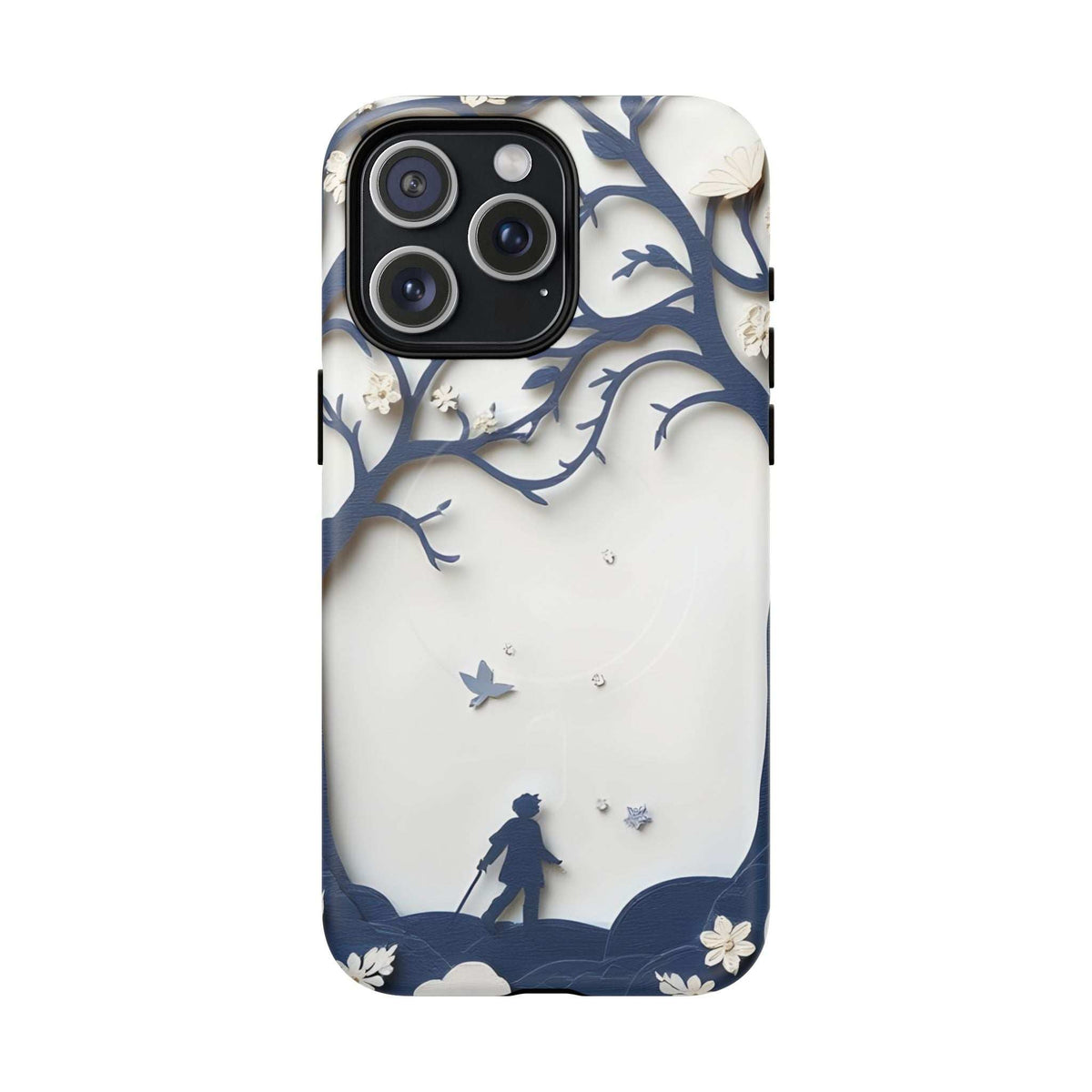 Phone case with blue nature scene, star-like dots, and secure camera opening for iPhone