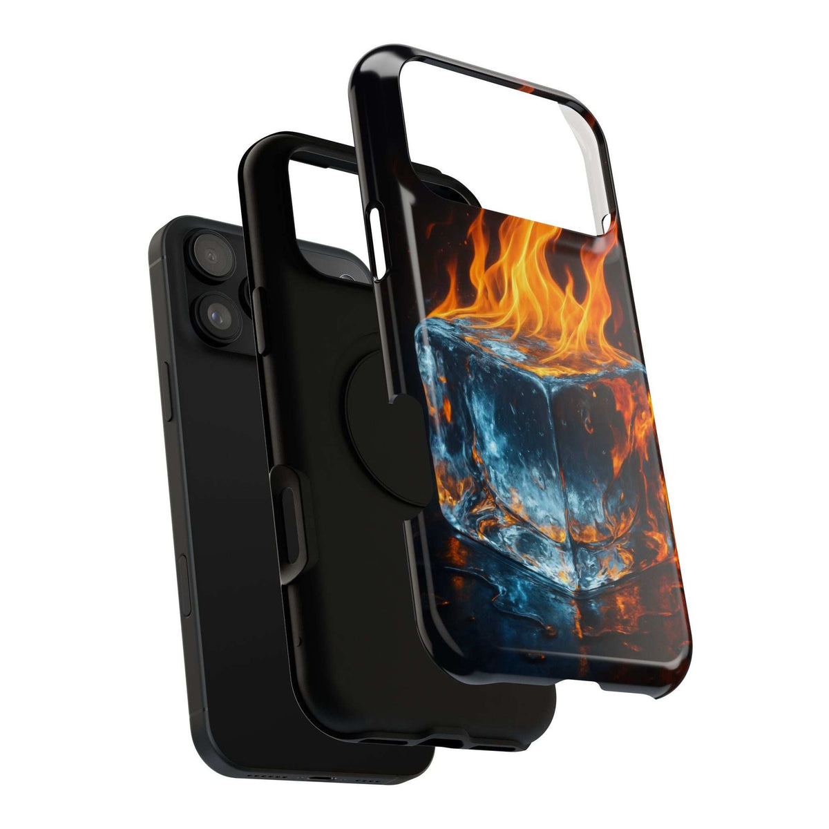 Phone case with glossy flame-and-ice cube print, raised edges around camera and screen.