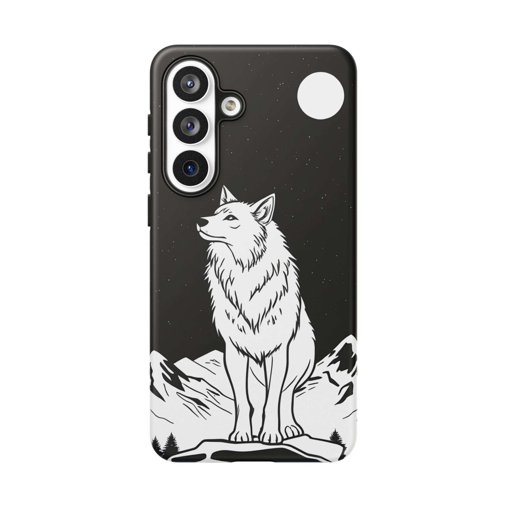 Black phone case with white wolf illustration and top-right circle beside camera openings