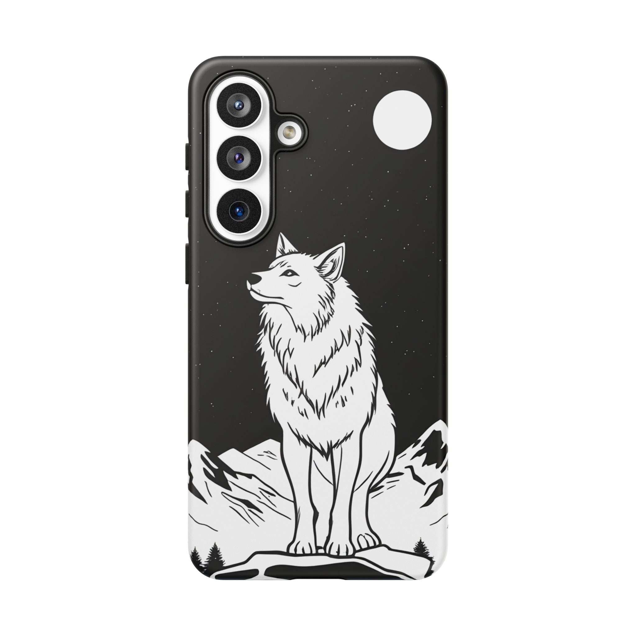 Black phone case with white wolf illustration and top-right circle beside camera openings