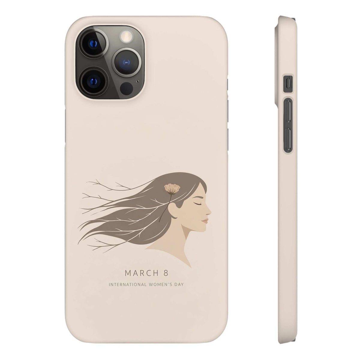 Beige phone case with woman profile and flower design, camera cutouts visible