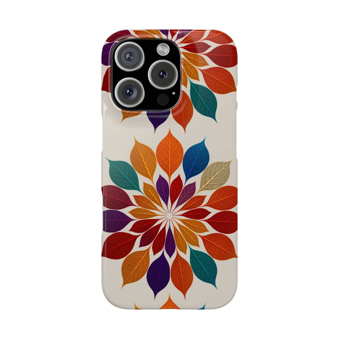 Leaf mandala phone case for iPhone 11-17, front with camera cutouts and colorful leaf artwork