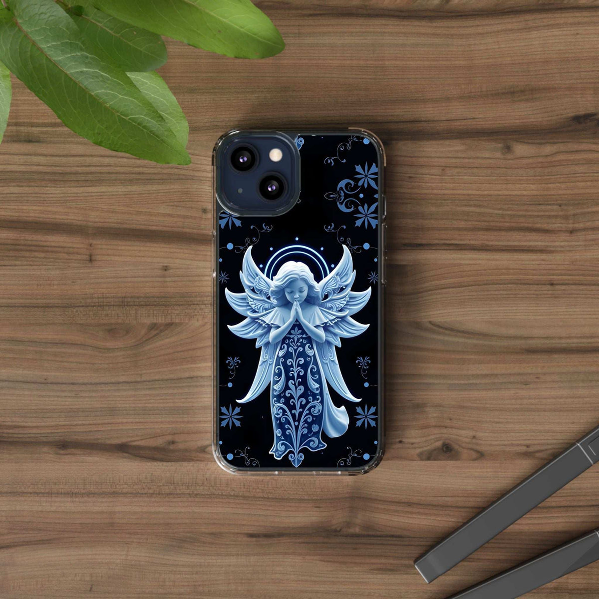 Blue angel prayer phone case with neon halo circle, transparent clear sides