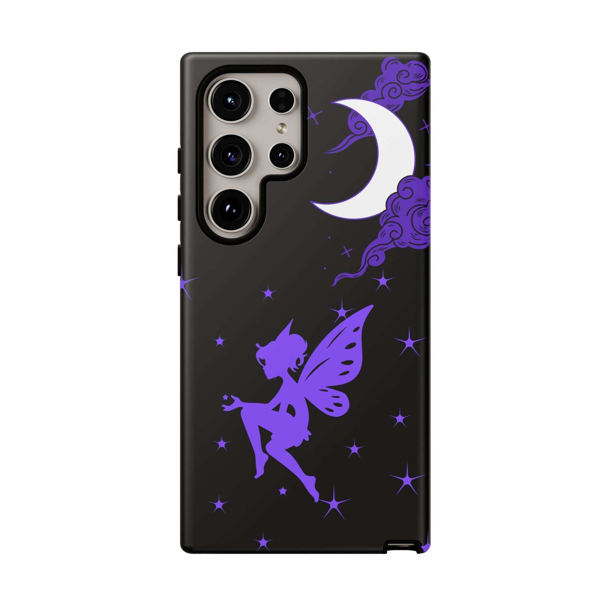 Black phone case with purple fairy silhouette, moon, and star pattern; camera cutouts visible