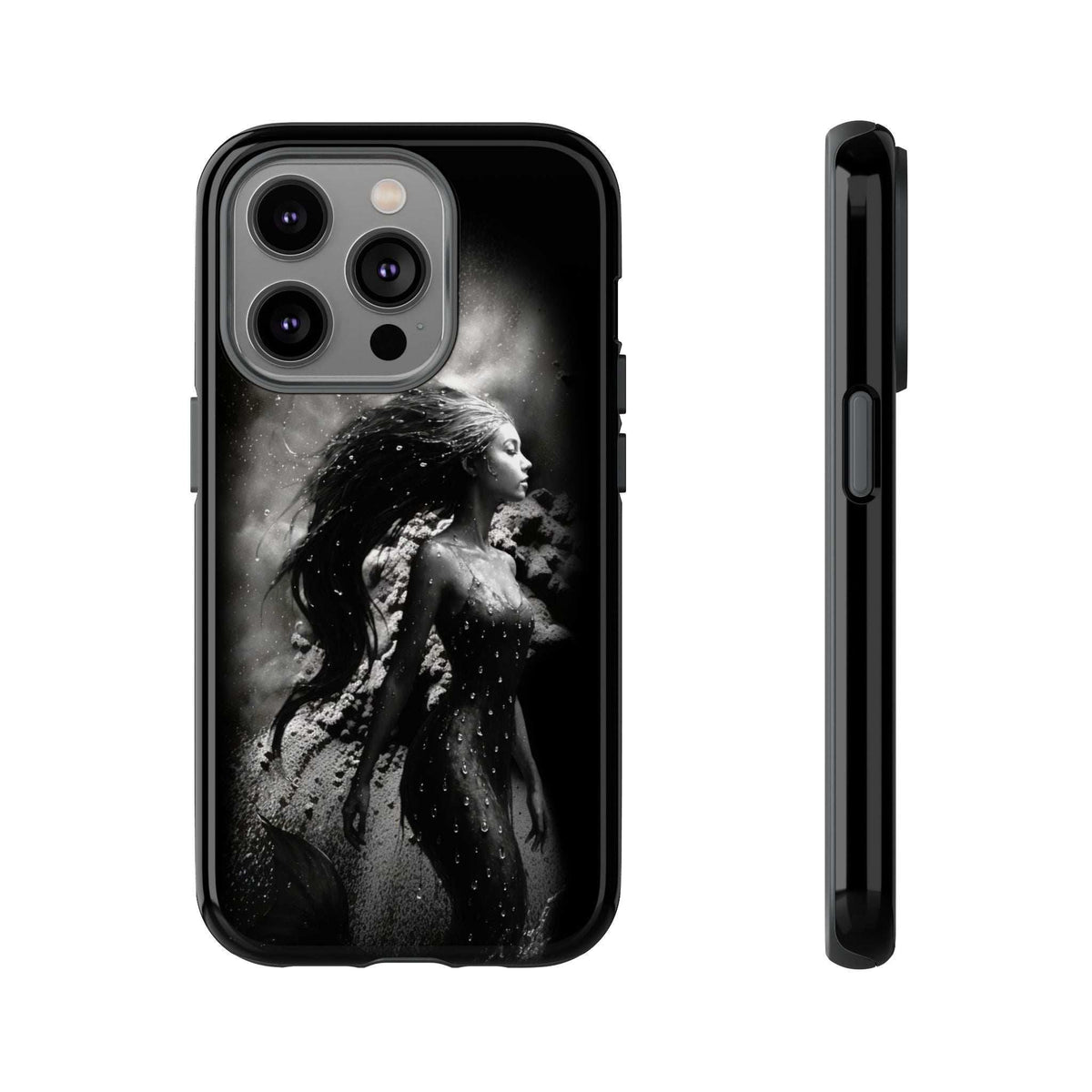 Black monochrome mermaid phone case with four-camera layout and side view