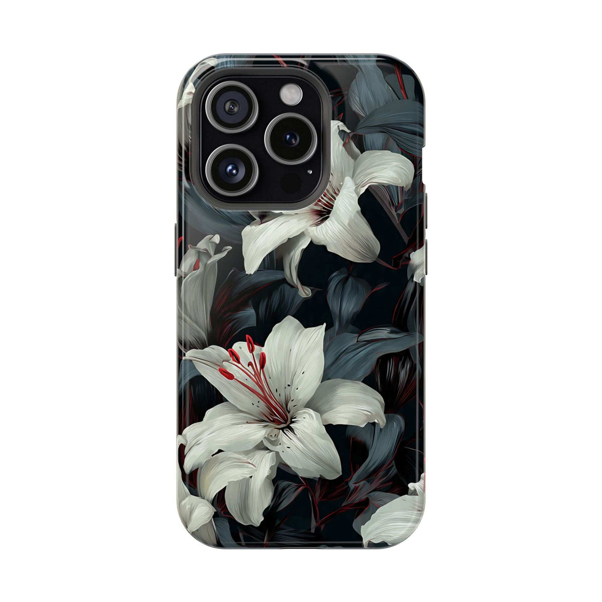 iPhone phone case with white lily flowers and dark botanical leaves, camera cutouts