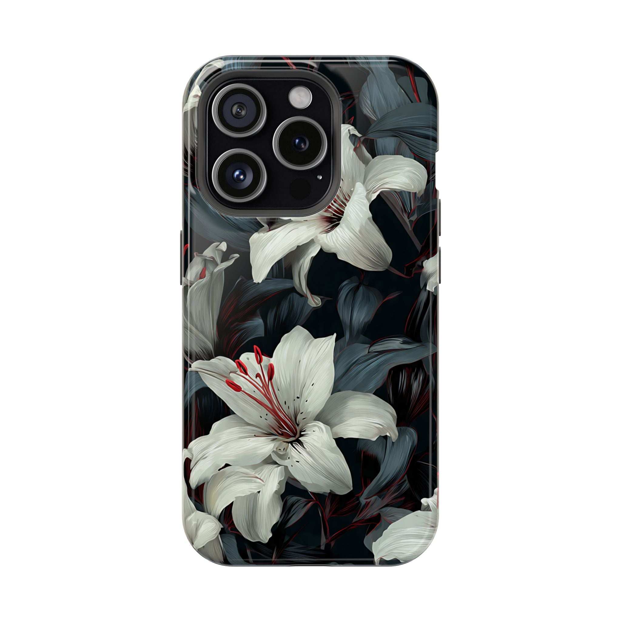 iPhone phone case with white lily flowers and dark botanical leaves, camera cutouts