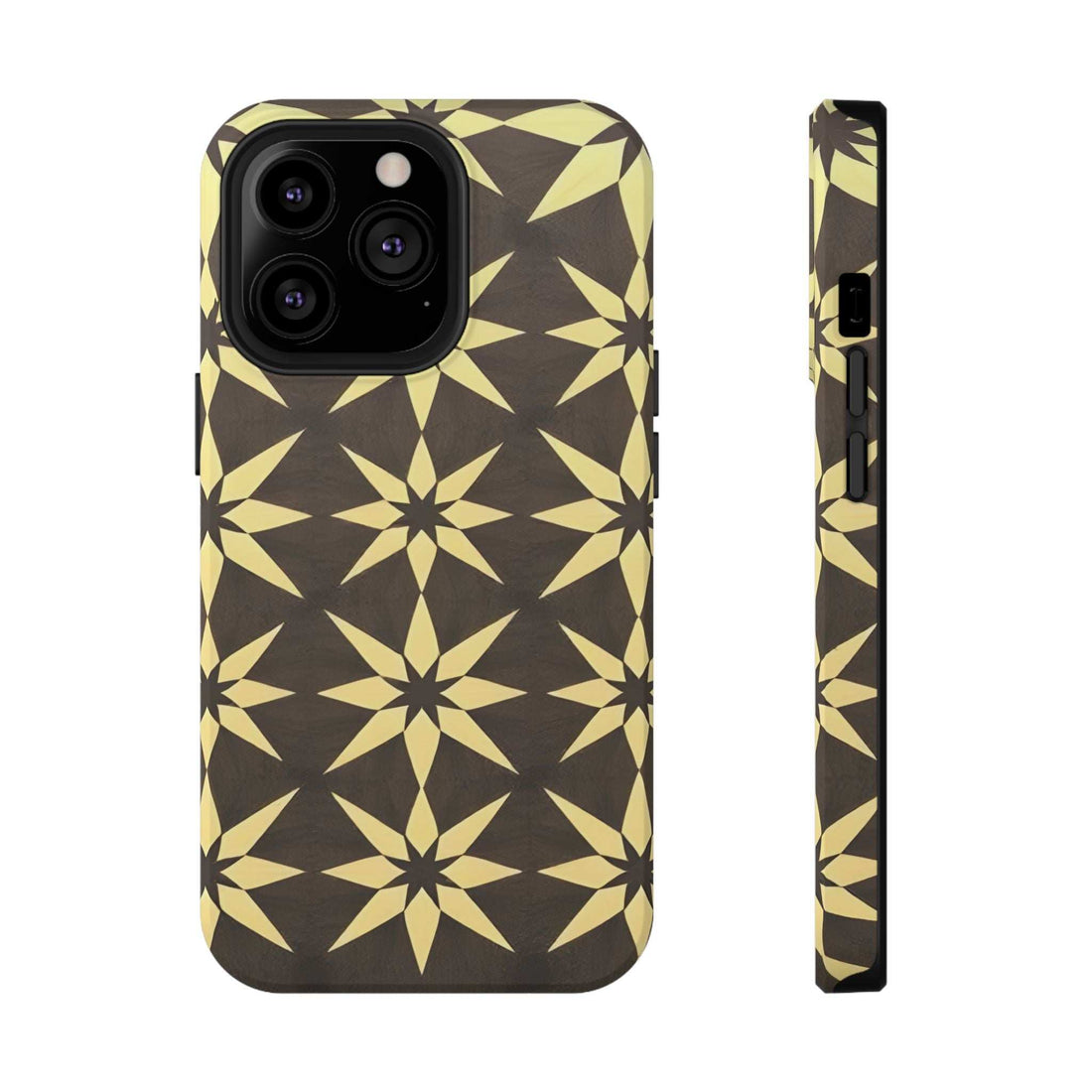 Star geometric phone case with gold pattern and black camera cutouts