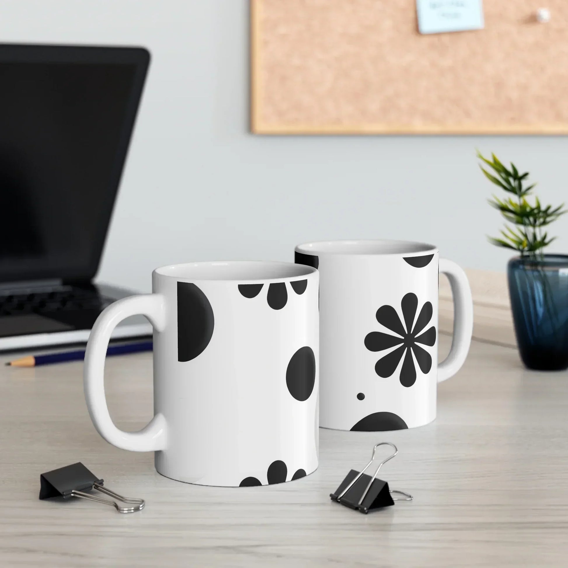 Black Mandala-Inspired Floral Design White Ceramic Mug - KarArmDesign