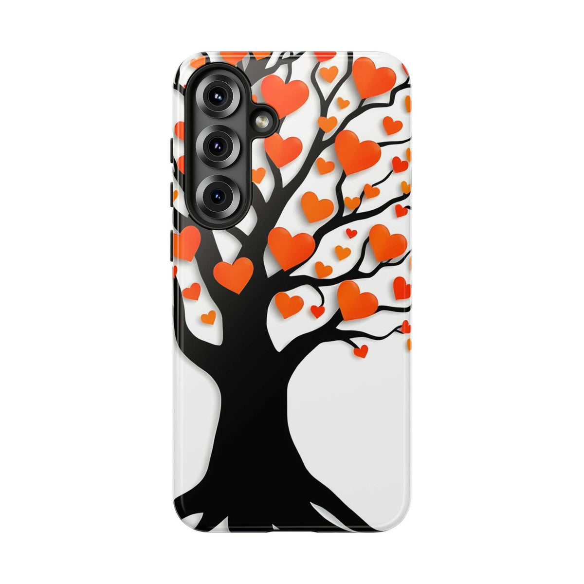 Phone case with black tree design, orange hearts pattern, front camera cutouts and raised edges