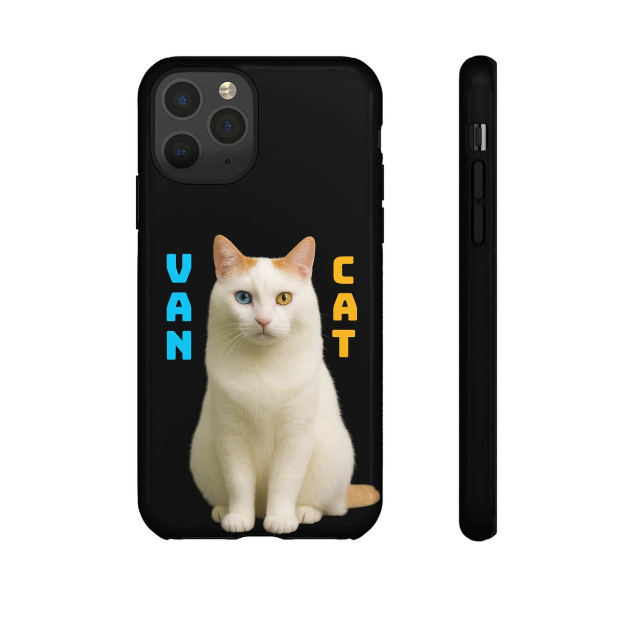 Black glossy phone case with cat artwork and triple-lens camera cutouts