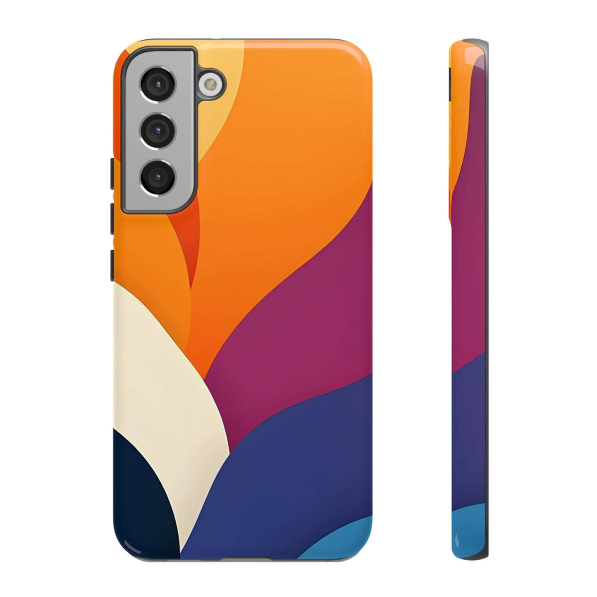Phone case with abstract orange, magenta, cream, and navy pattern; raised camera cutouts.