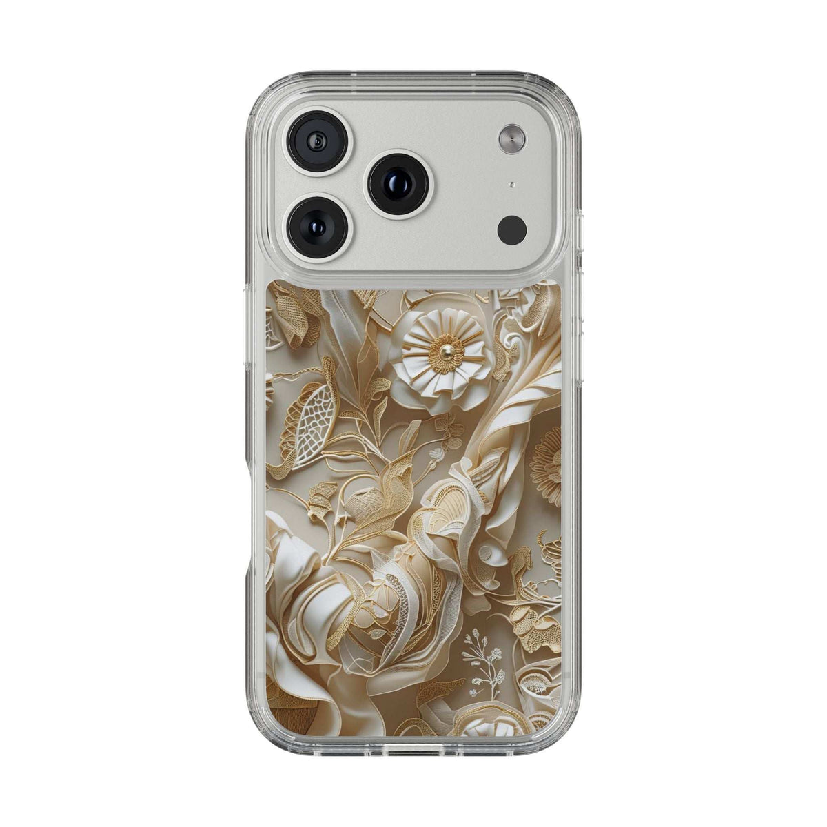 Clear phone case with gold floral pattern, back view with dual camera and side buttons