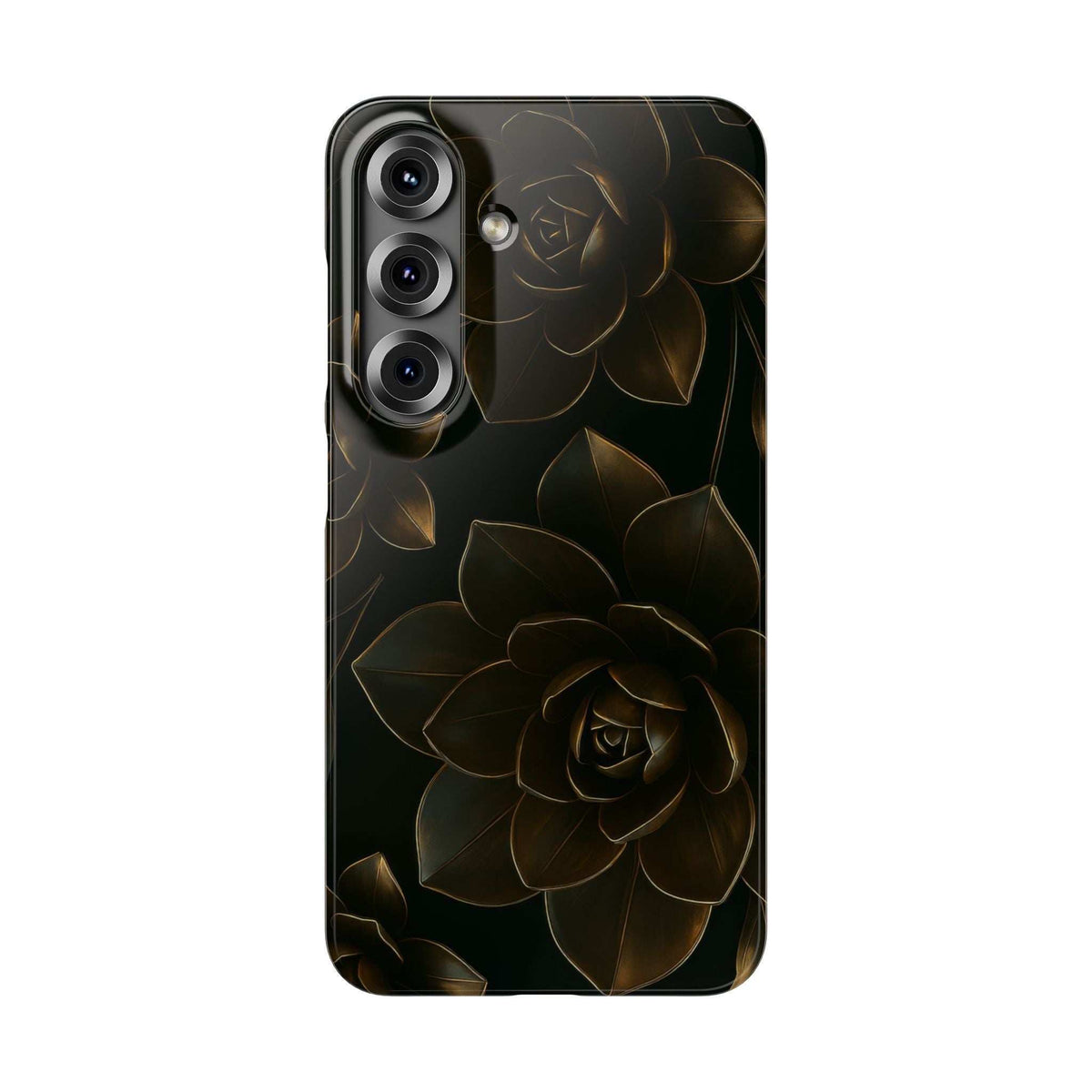 Glossy black phone case with gold rose floral motif and detailed camera cutouts