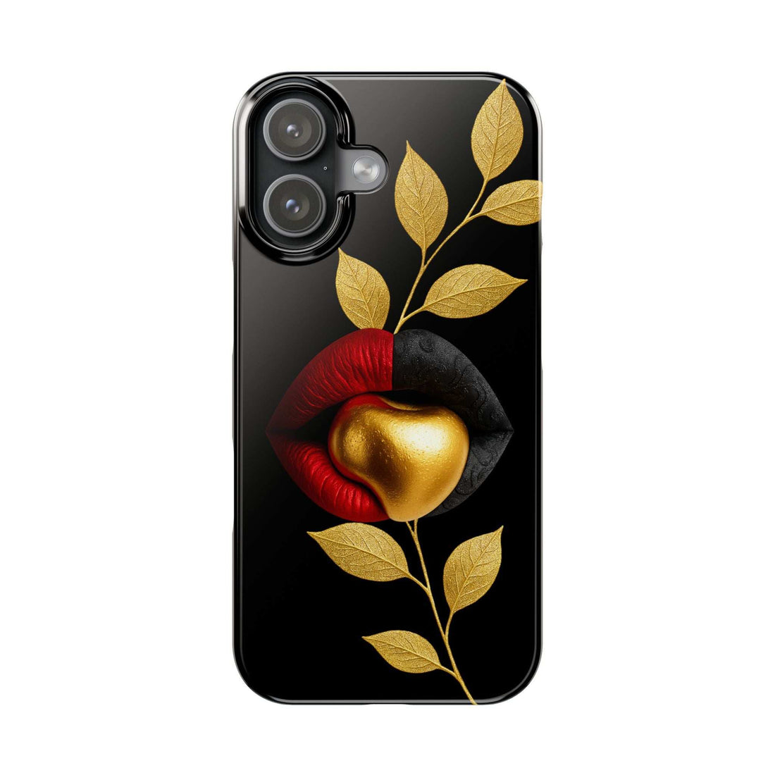 Black iPhone phone case with gold leaf and red lips; slim profile with side button cutout