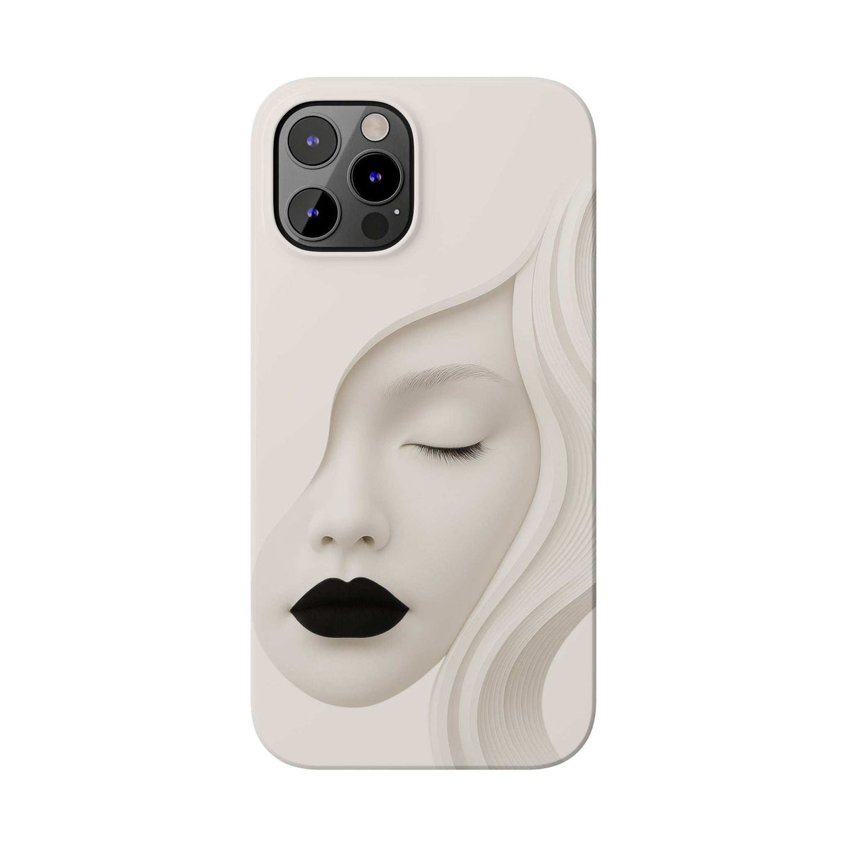Light beige phone case with minimalist closed-eye face illustration and camera cutouts.