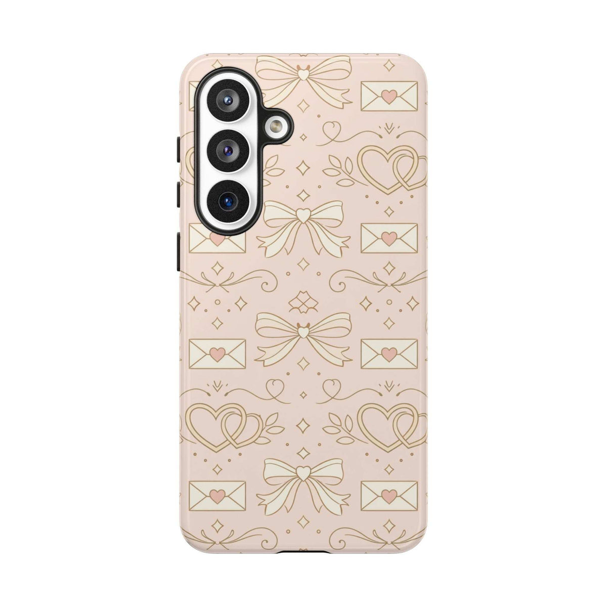 Light pink phone case with hearts and bows, side view showing camera cutouts
