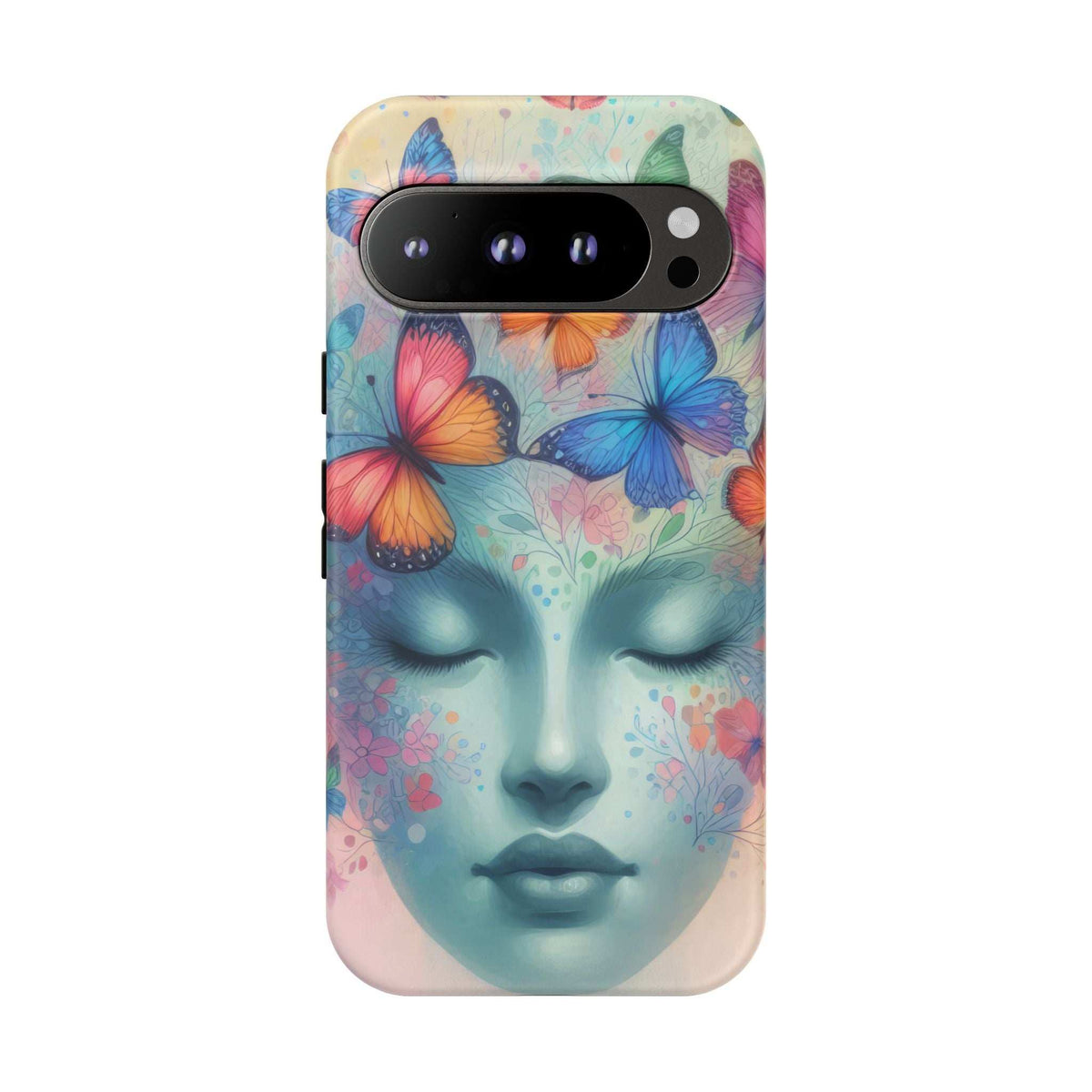 Butterfly face phone case with oval camera cutout, pastel blue and pink butterfly face design