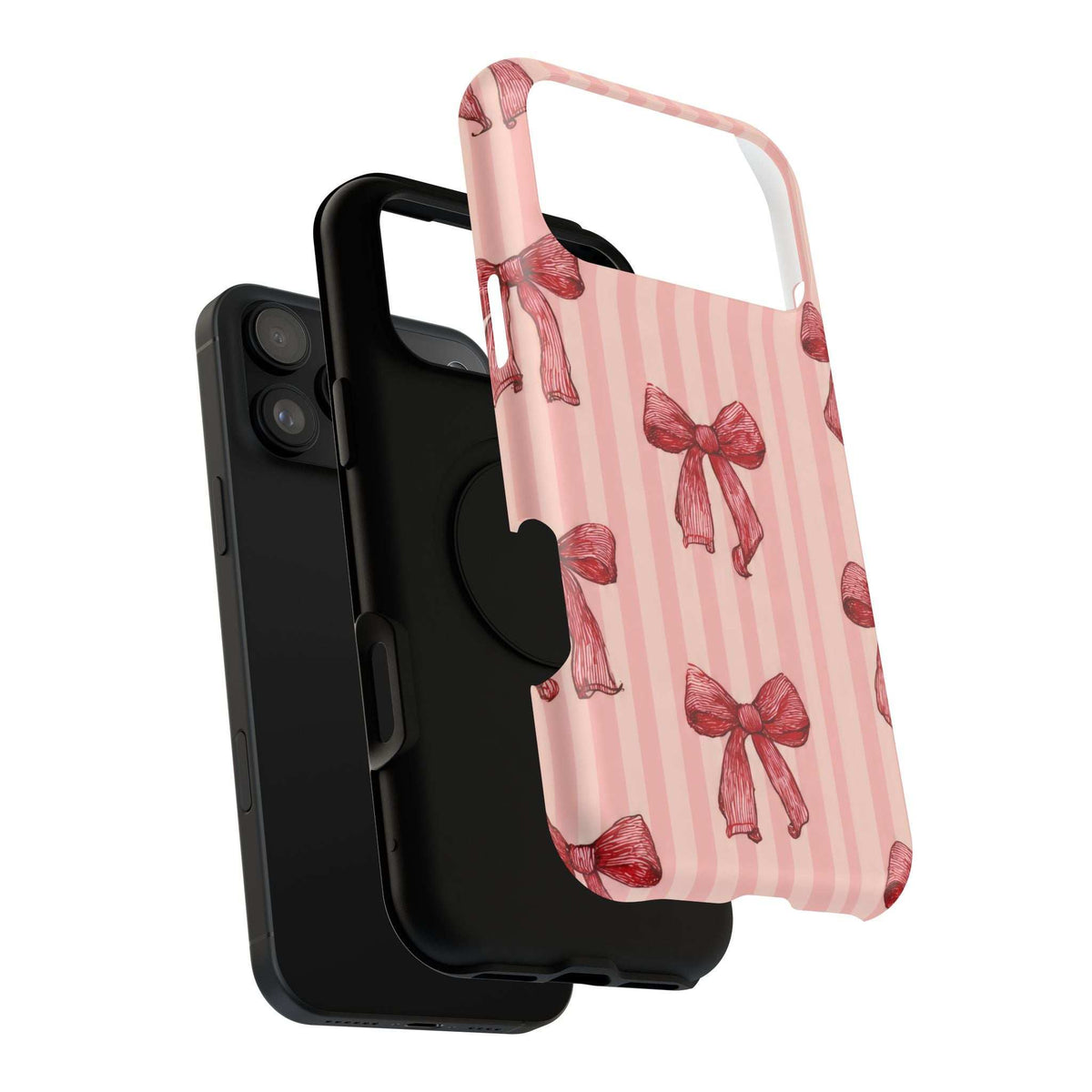 Pink phone case with red bow print and vertical stripes; transparent bumper around edges.