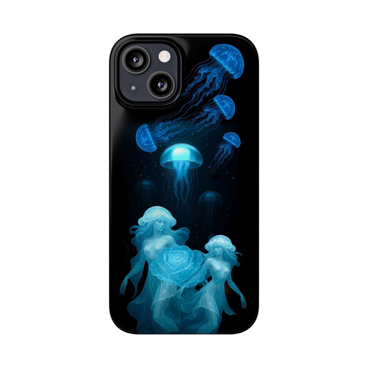 Black iPhone case with blue jellyfish illustration and luminous rose motif on the back