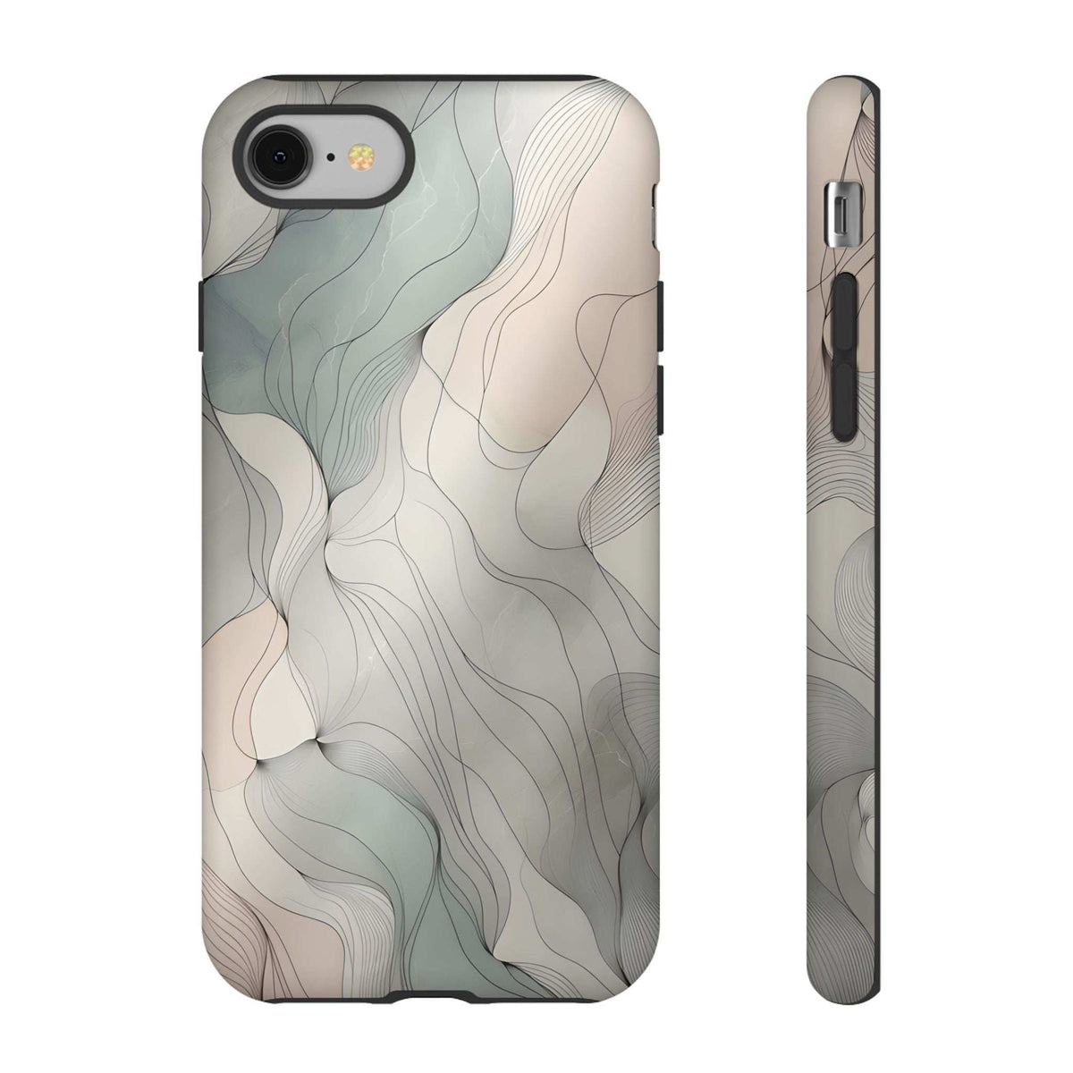 Pastel wave phone case back and side view; wavy pattern in light blue and cream.