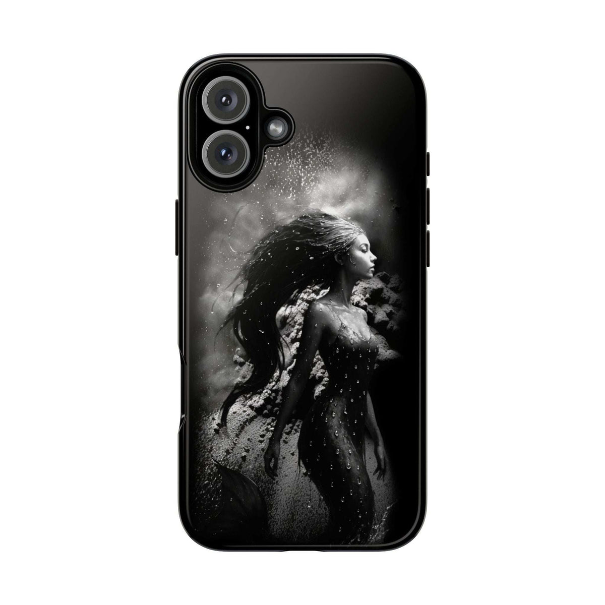 Black phone case back featuring mermaid artwork with hair and splashes, camera cutouts.