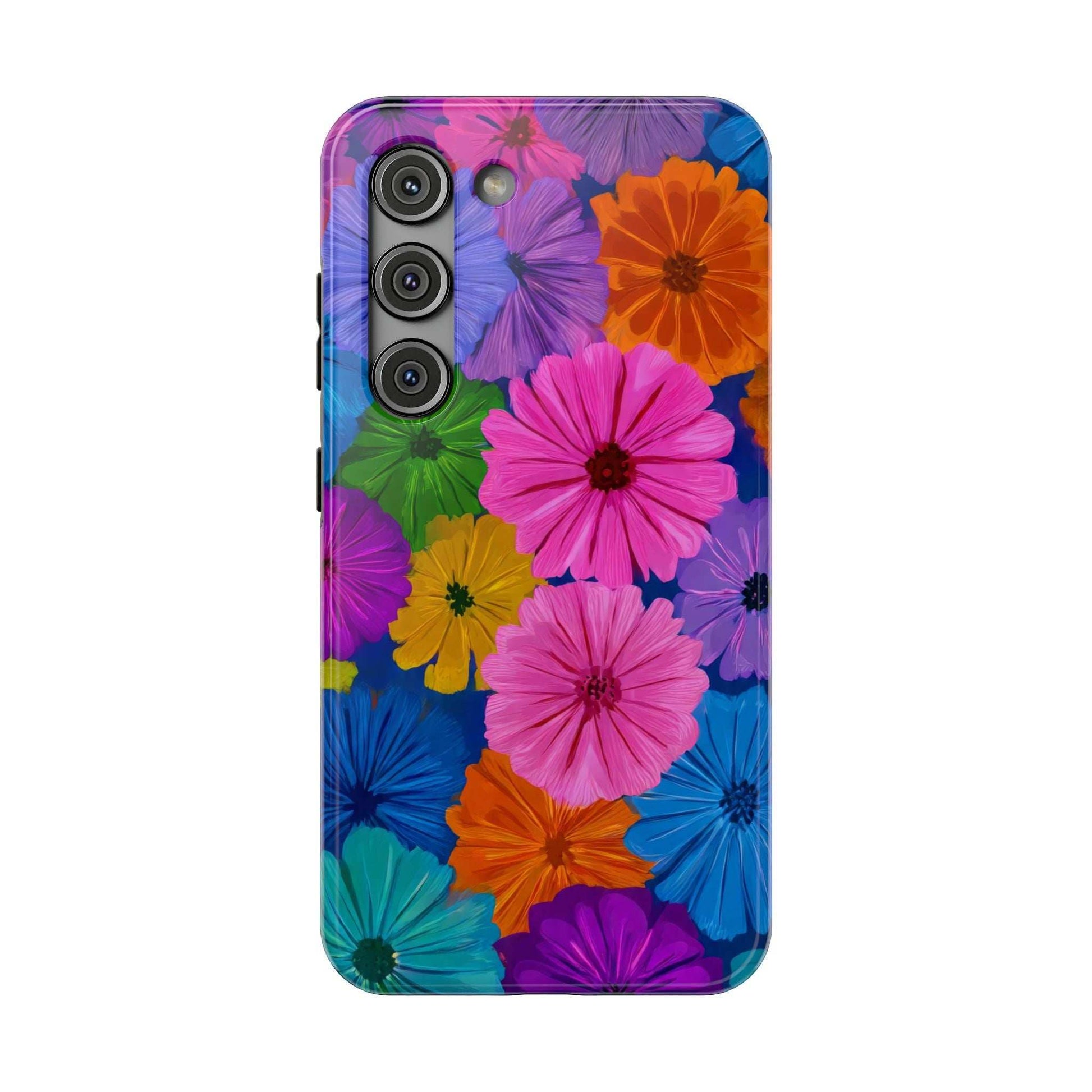 Bloom flower print phone case with multiple camera lens cutouts and glossy finish