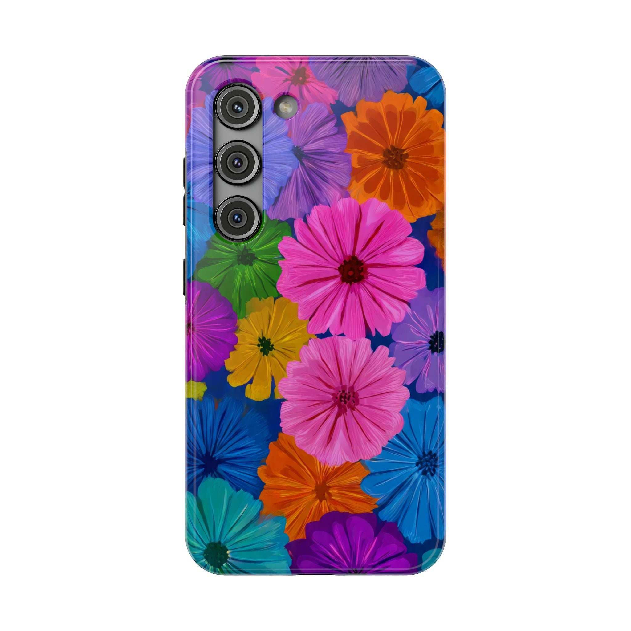 Bloom flower print phone case with multiple camera lens cutouts and glossy finish