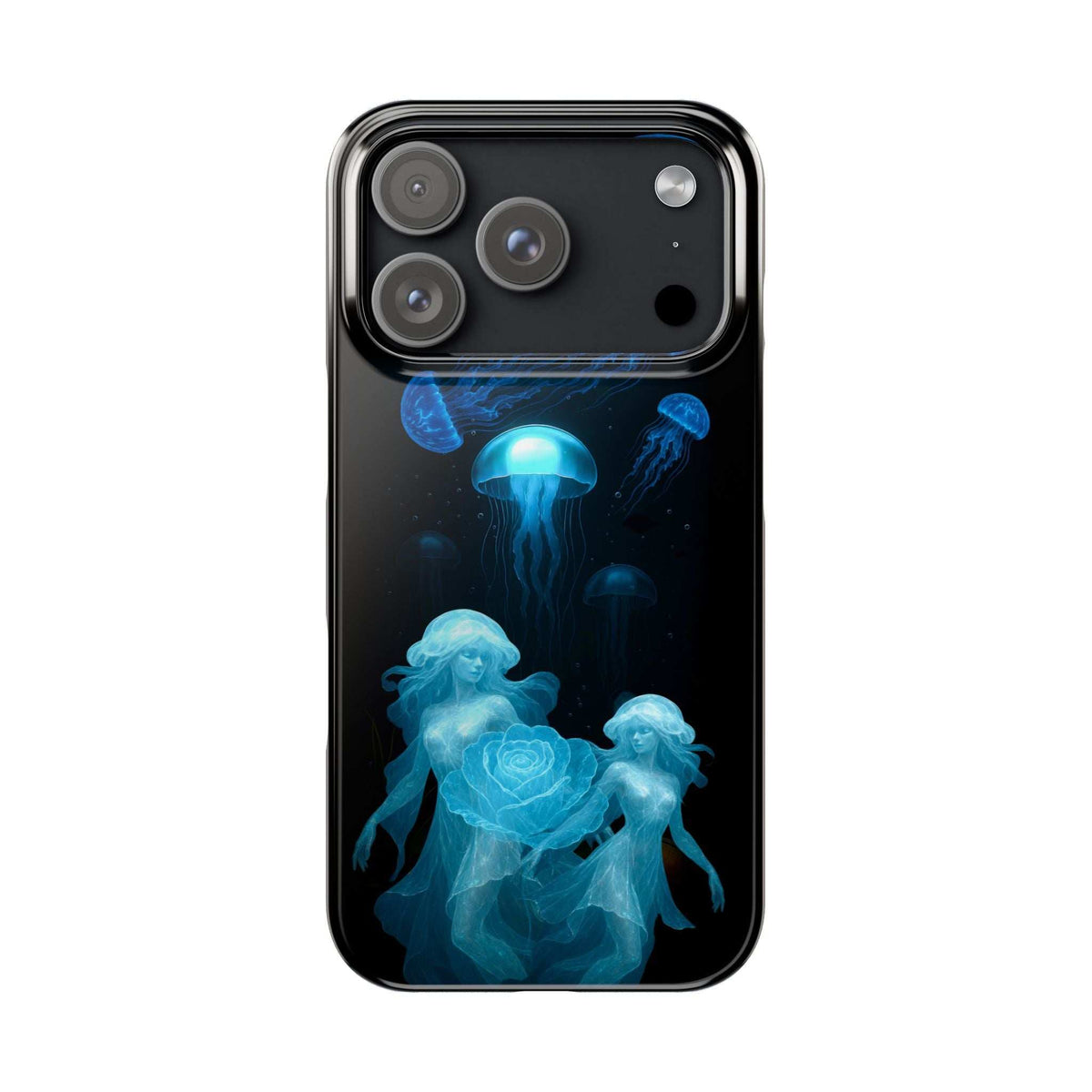 Black phone case with blue jellyfish scene, glowing rose, and camera cutouts