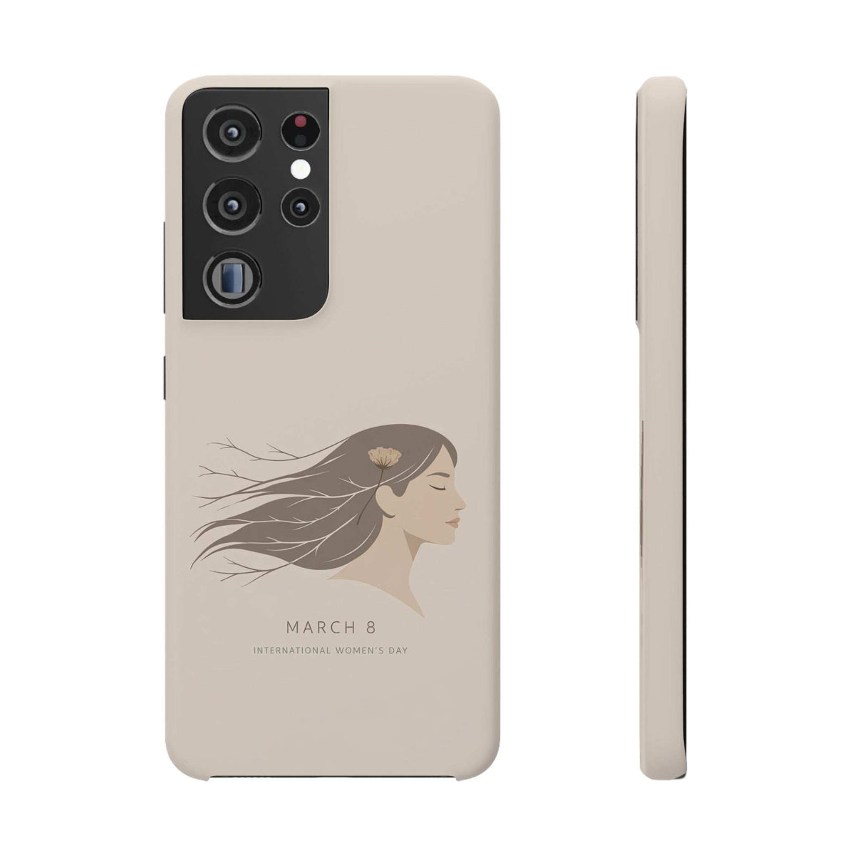 Light beige phone case with World Women's Day profile graphic and rear camera openings