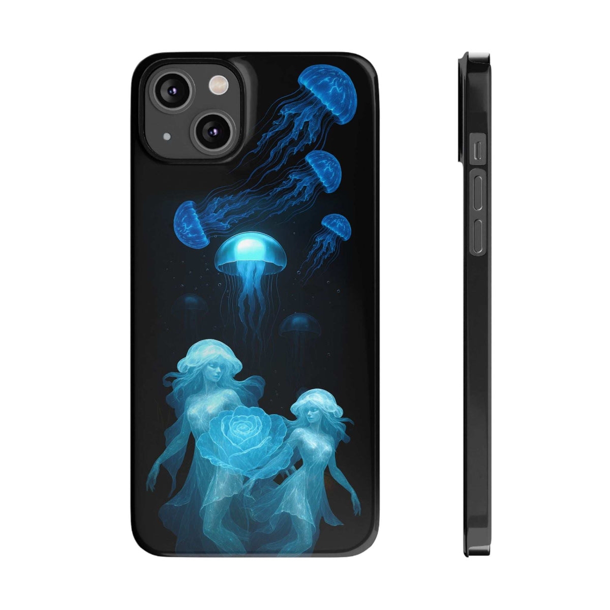 Black phone case with blue jellyfish and rose design, front view and side profile.