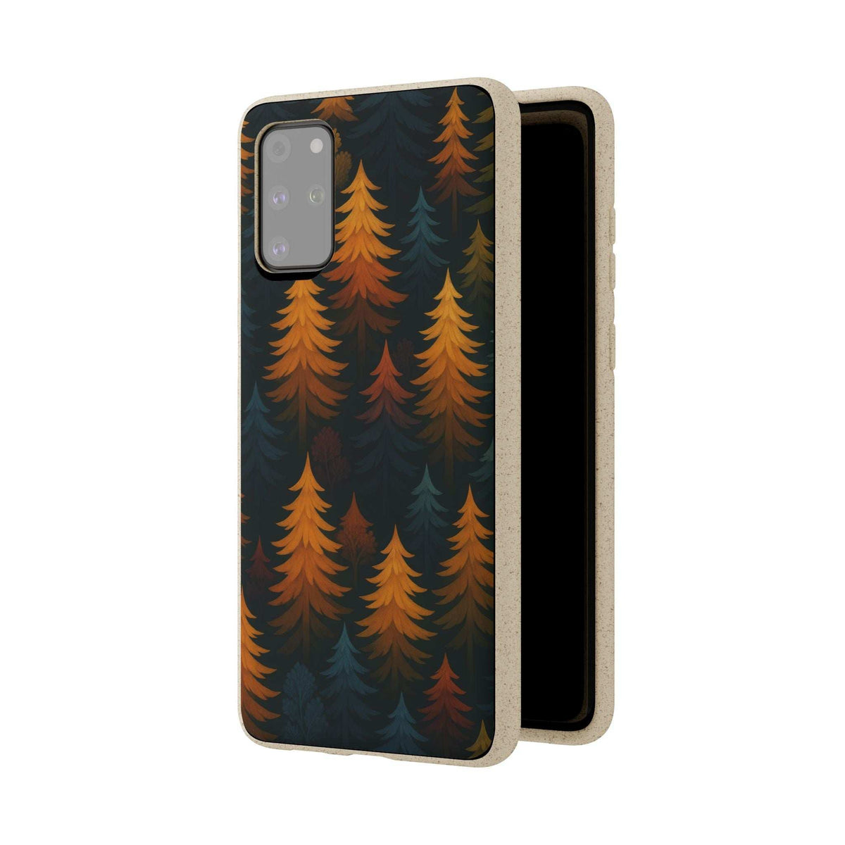 Biodegradable phone case with pine tree pattern, light speckled edges and side cutout